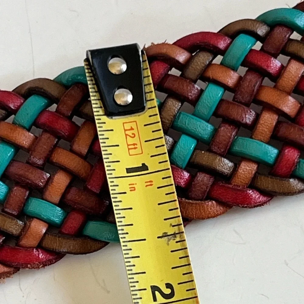 Fossil Genuine Leather Woven Braided Brown Turquoise Red Belt Casual Western